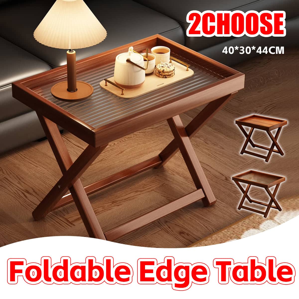Bamboo Folding Side Table 40 x 30 x 44 cm - Ribbed Acrylic Top - view 2