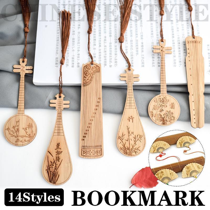 Bamboo Pipa Bookmark with Tassel - Chrysanthemum Design - view 2