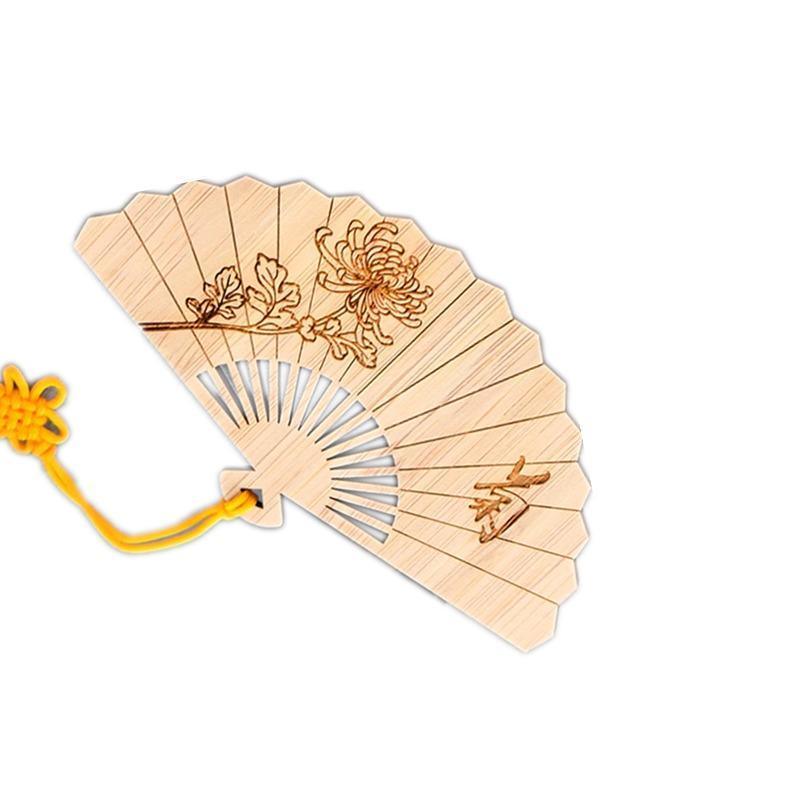Bamboo Sector Bookmark (Fan Shape) with Tassel - Chrysanthemum Design