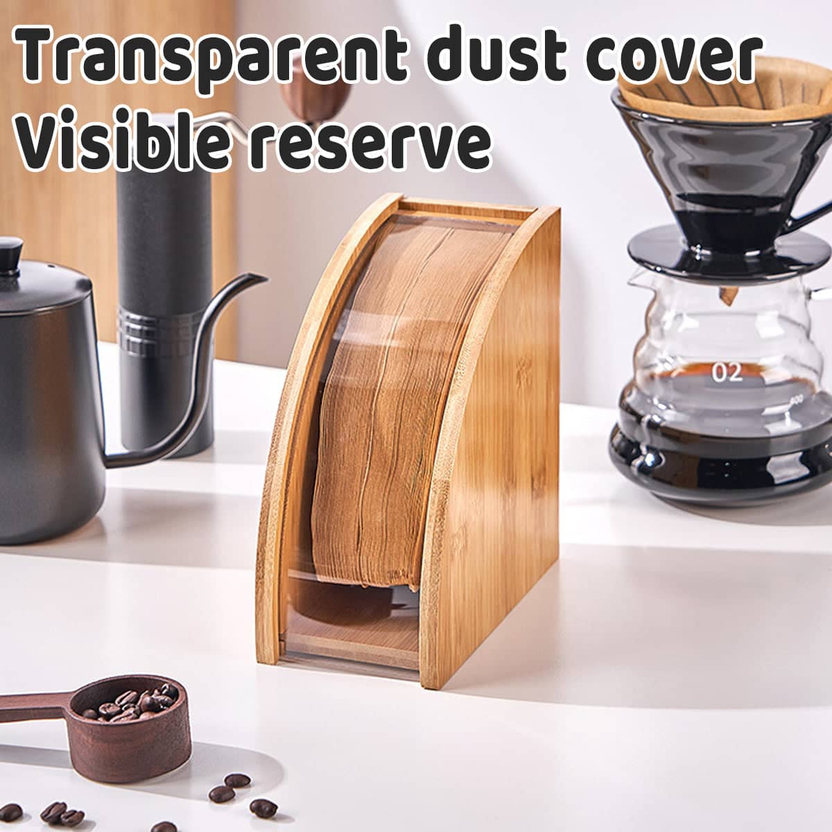 Bamboo Sector Shape Coffee Filter Paper Storage Rack with Clear Dust Cover - view 5