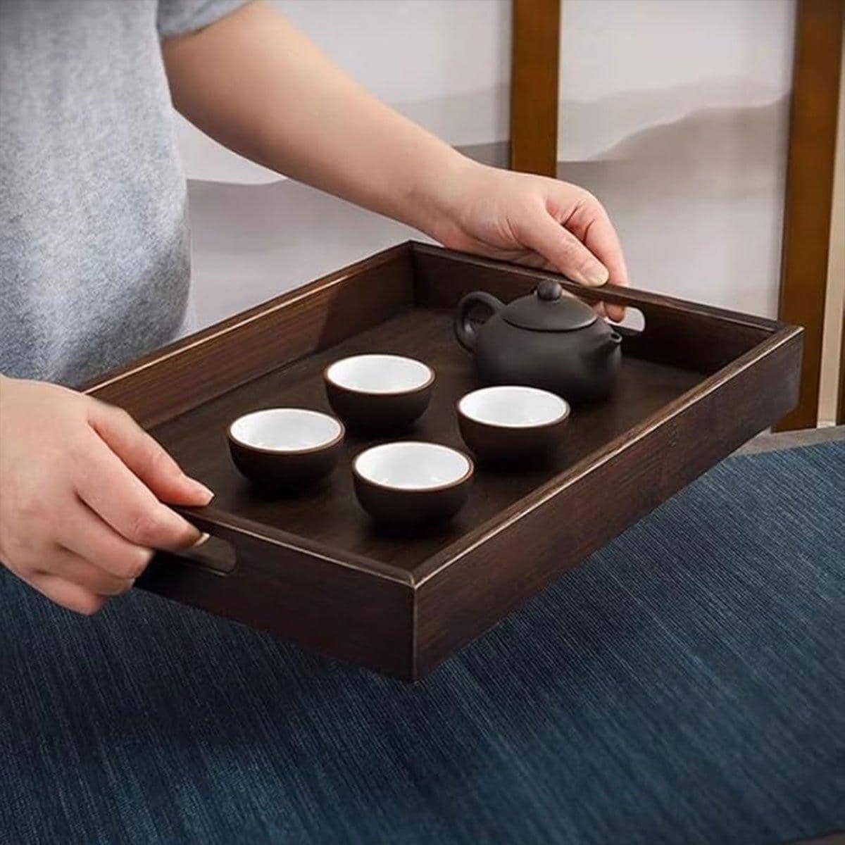 Bamboo Serving Tray with Handles, Walnut Colour - Small (28 x 20 cm) - view 5