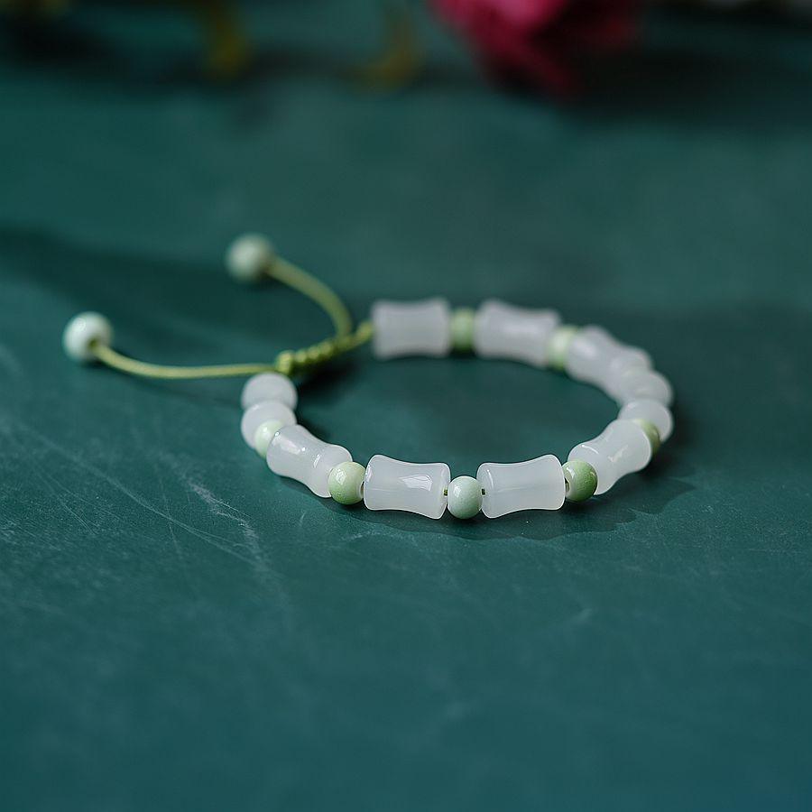 Bamboo Shape Natural Stone Bead Bracelet, Adjustable - Light Grey with Black Beads - view 5