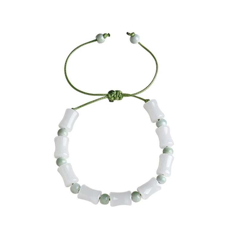 Bamboo Shape Natural Stone Bead Bracelet, Adjustable - White with Green Beads
