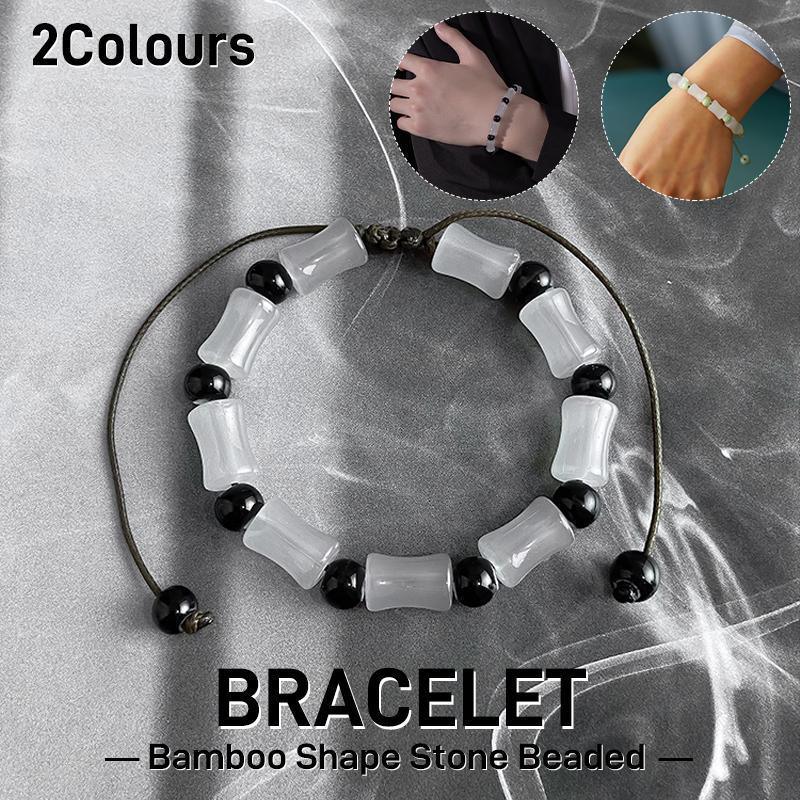 Bamboo Shape Natural Stone Bead Bracelet, Adjustable - White with Green Beads - view 2
