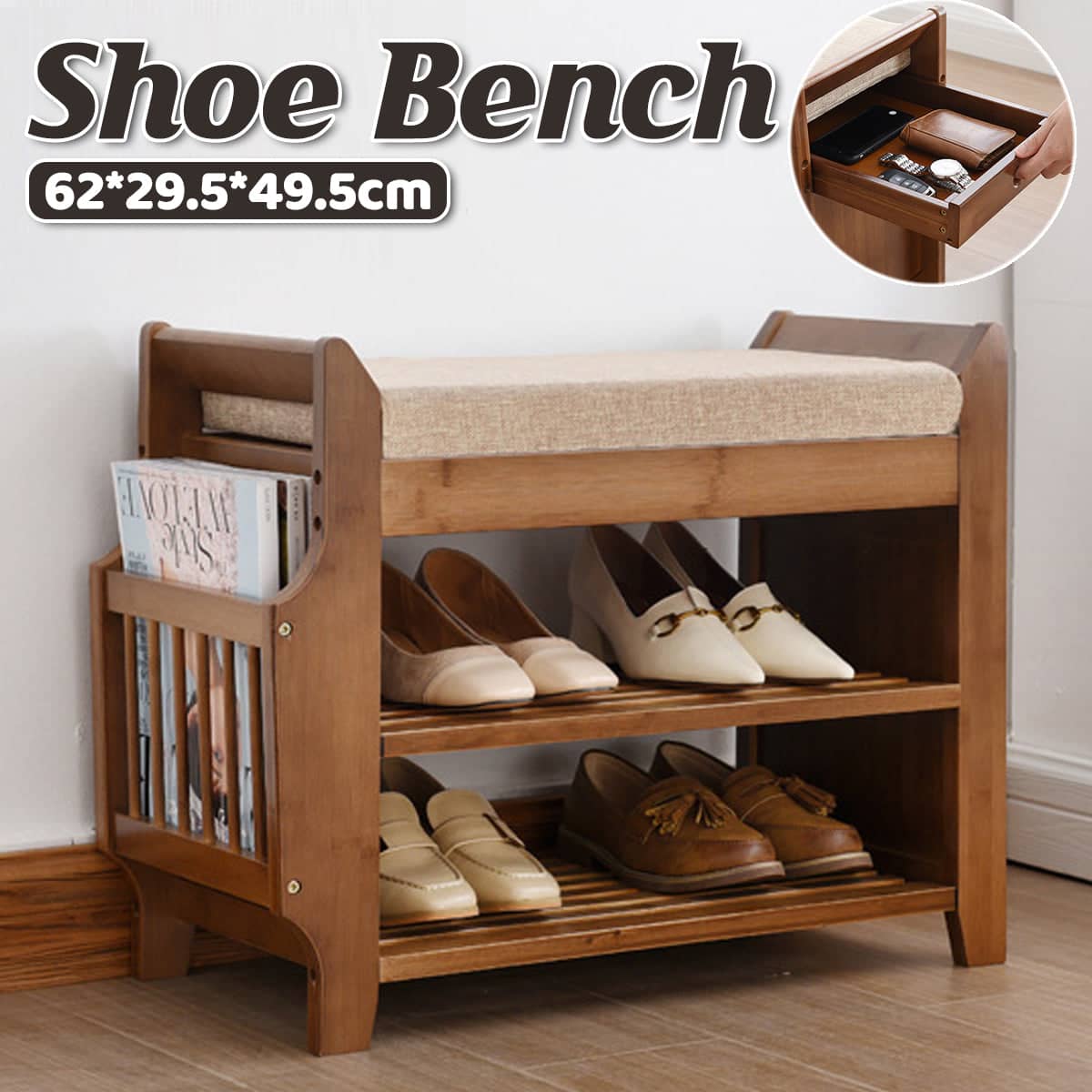 Bamboo Shoe Changing Bench with Storage and Seat, Space Saving Shoe Cabinet for Entryway