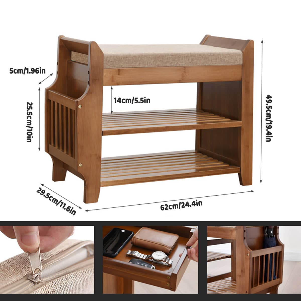 Bamboo Shoe Changing Bench with Storage and Seat, Space Saving Shoe Cabinet for Entryway - view 3