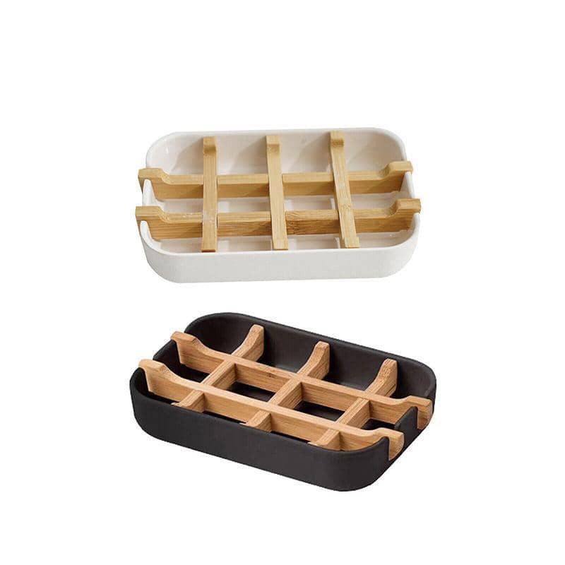 Bamboo Soap Dish with Removable Drain Rack - White - view 3