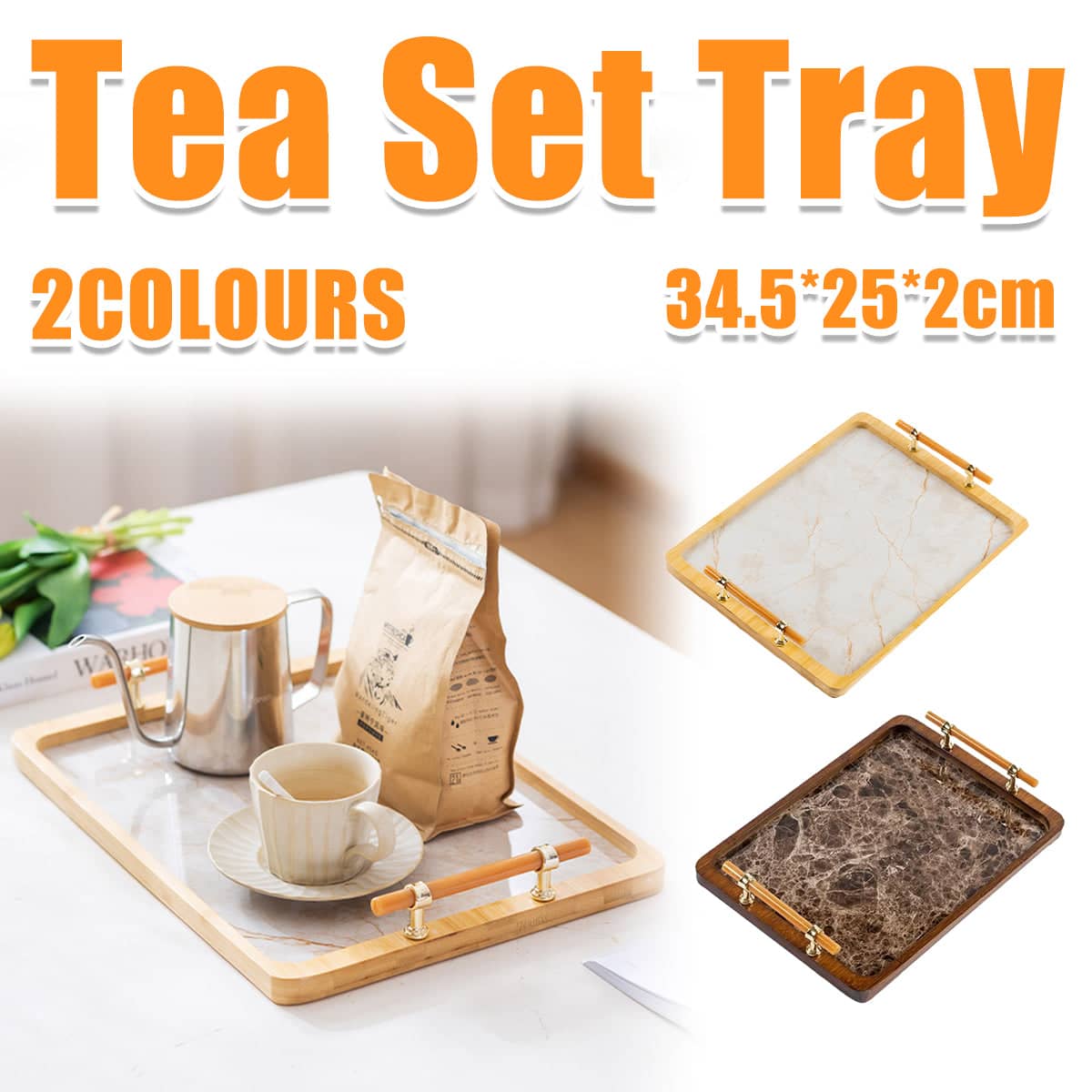 Bamboo Tea Tray with Stone Plastic Base, Non-Slip - Brown - view 2