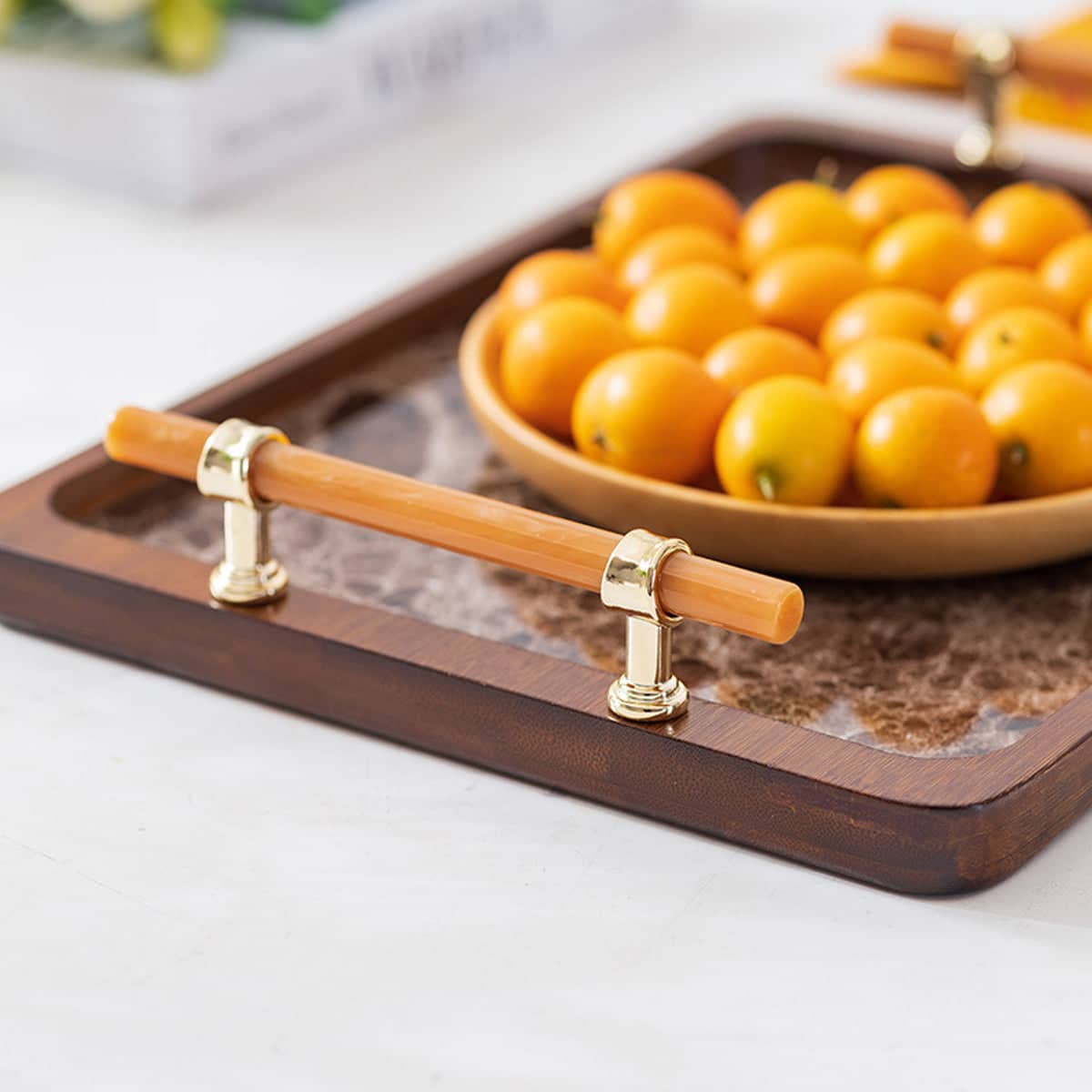 Bamboo Tea Tray with Stone Plastic Base, Non-Slip - Brown - view 5