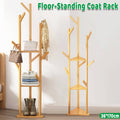 Bamboo Triangular Floor Standing Coat Rack with Hooks, Space Saving