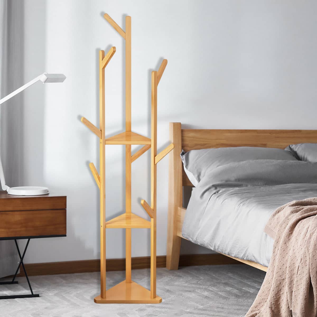 Bamboo Triangular Floor Standing Coat Rack with Hooks, Space Saving - view 5