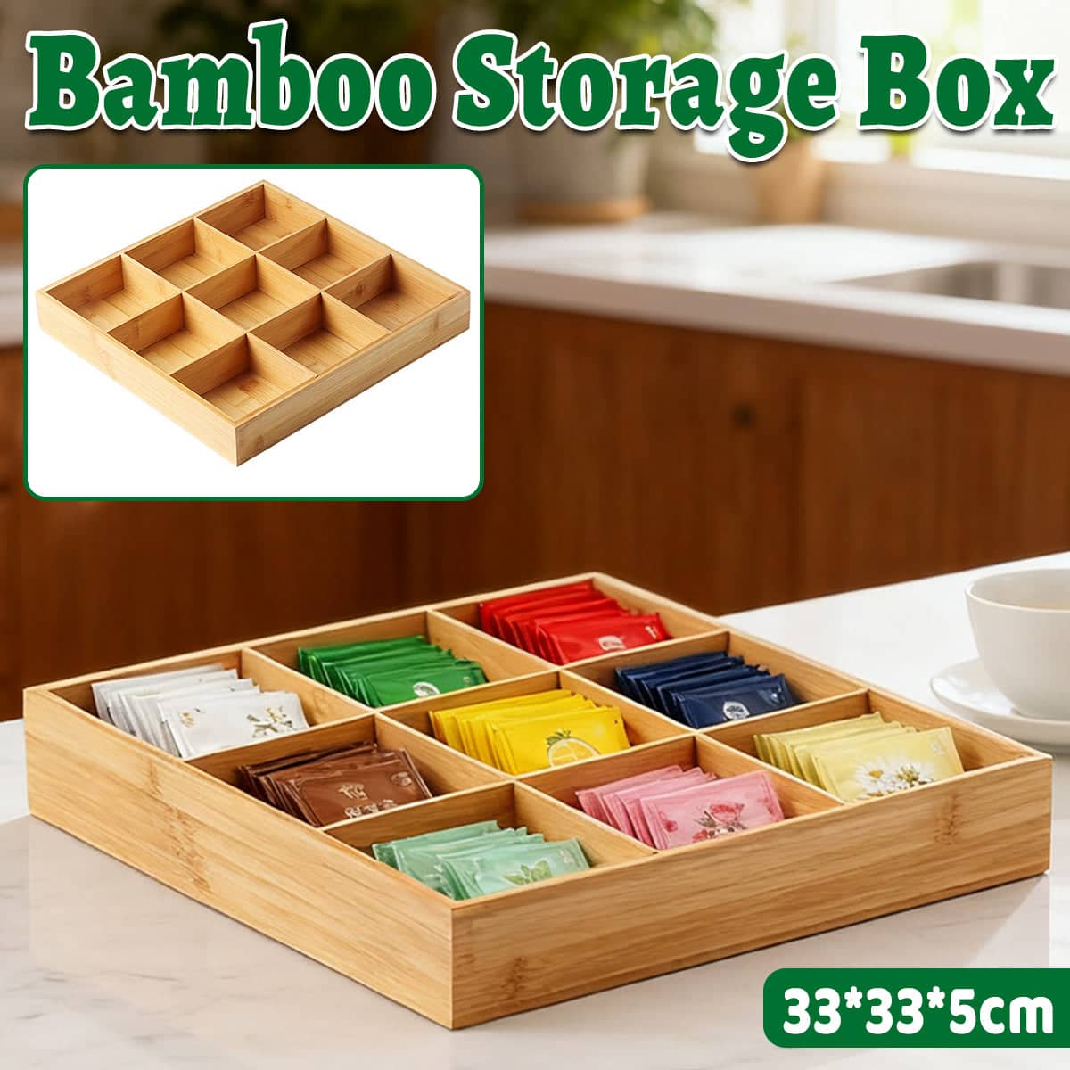 Bamboo Wood 9 Grid Food Plate Serving Tray for Hotel BBQ Hot Pot Home Party - 33 cm