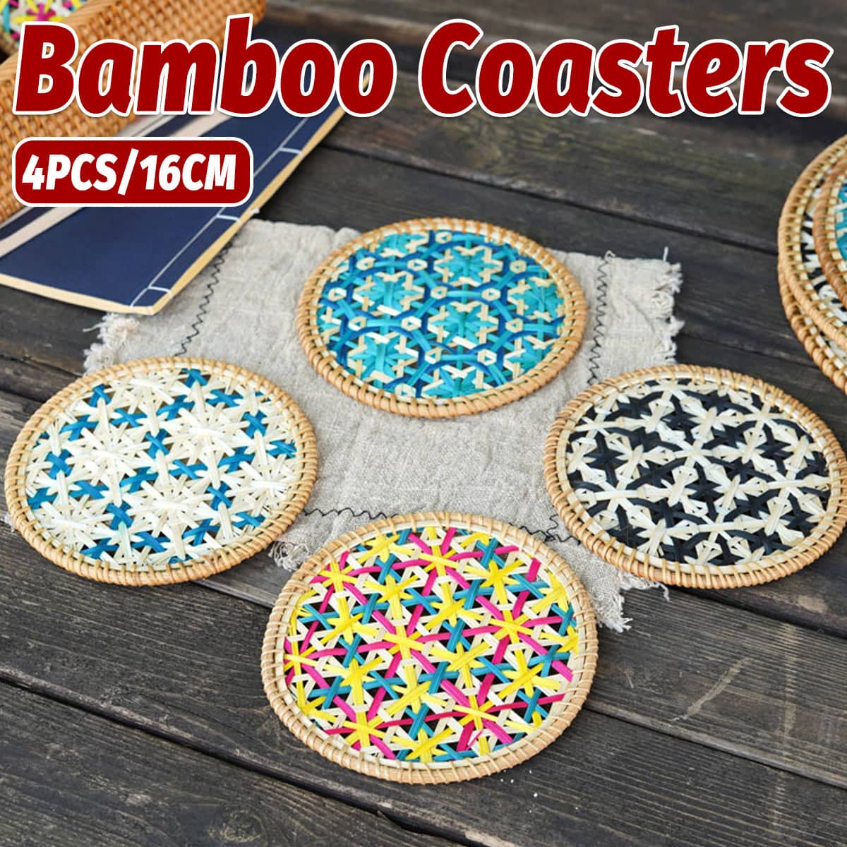Bamboo Woven Cup Mat Bowl Pad Heat Resistant Set of 4 for Kitchen and Dining Table, 16 cm