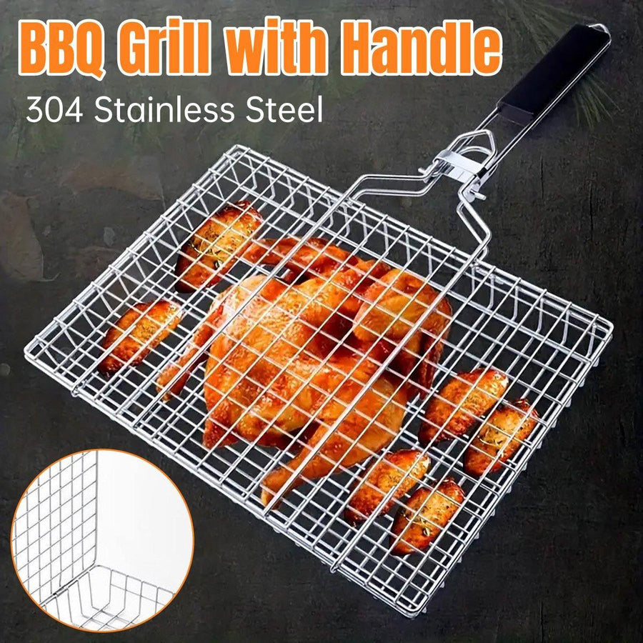 Barbecue Grilling Basket with Folding Handle, 304 Stainless Steel
