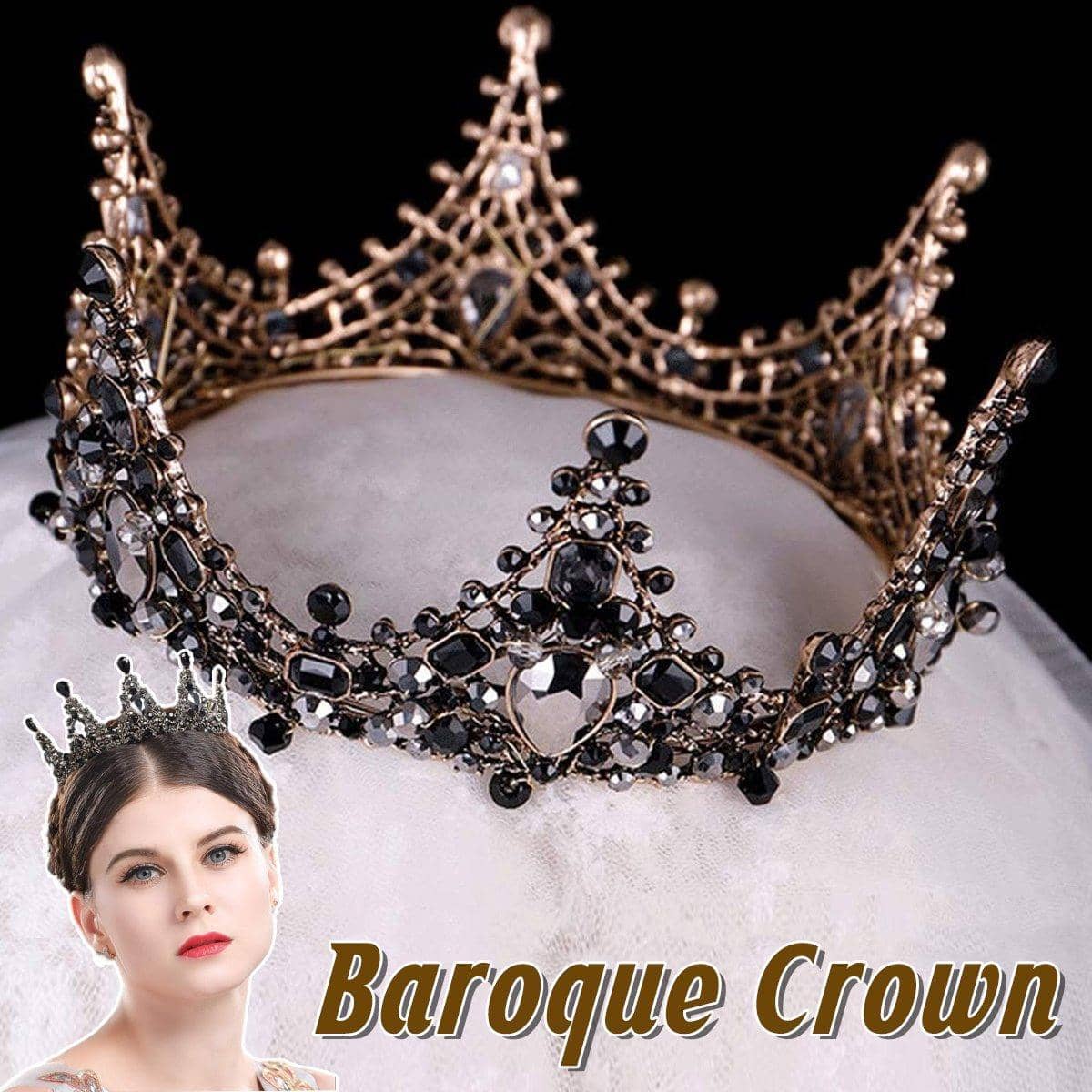 Baroque Princess Full Circle Crown for Birthdays and Weddings - Black Crystals