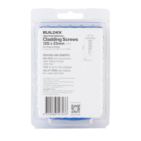 Buildex 12G x 25mm Class 3 Cladding Screws with Seal, Type 17 Hex Head - 100 Pack