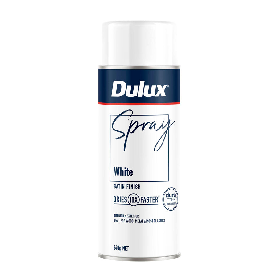 Dulux 340g White Satin Finish Spray Paint, Smooth Satin Sheen, Indoor & Outdoor