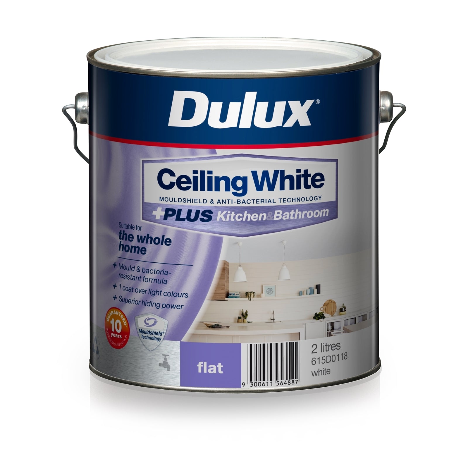 Dulux Ceiling White +PLUS Kitchen & Bathroom Paint 2L Flat Water-Based