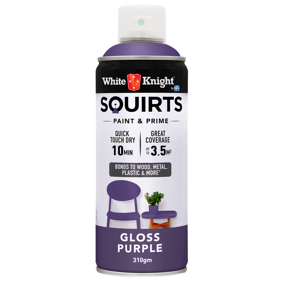 White Knight Squirts Purple Gloss Spray Paint 310g Solvent Based Durable - SuperSaverAU - view 1