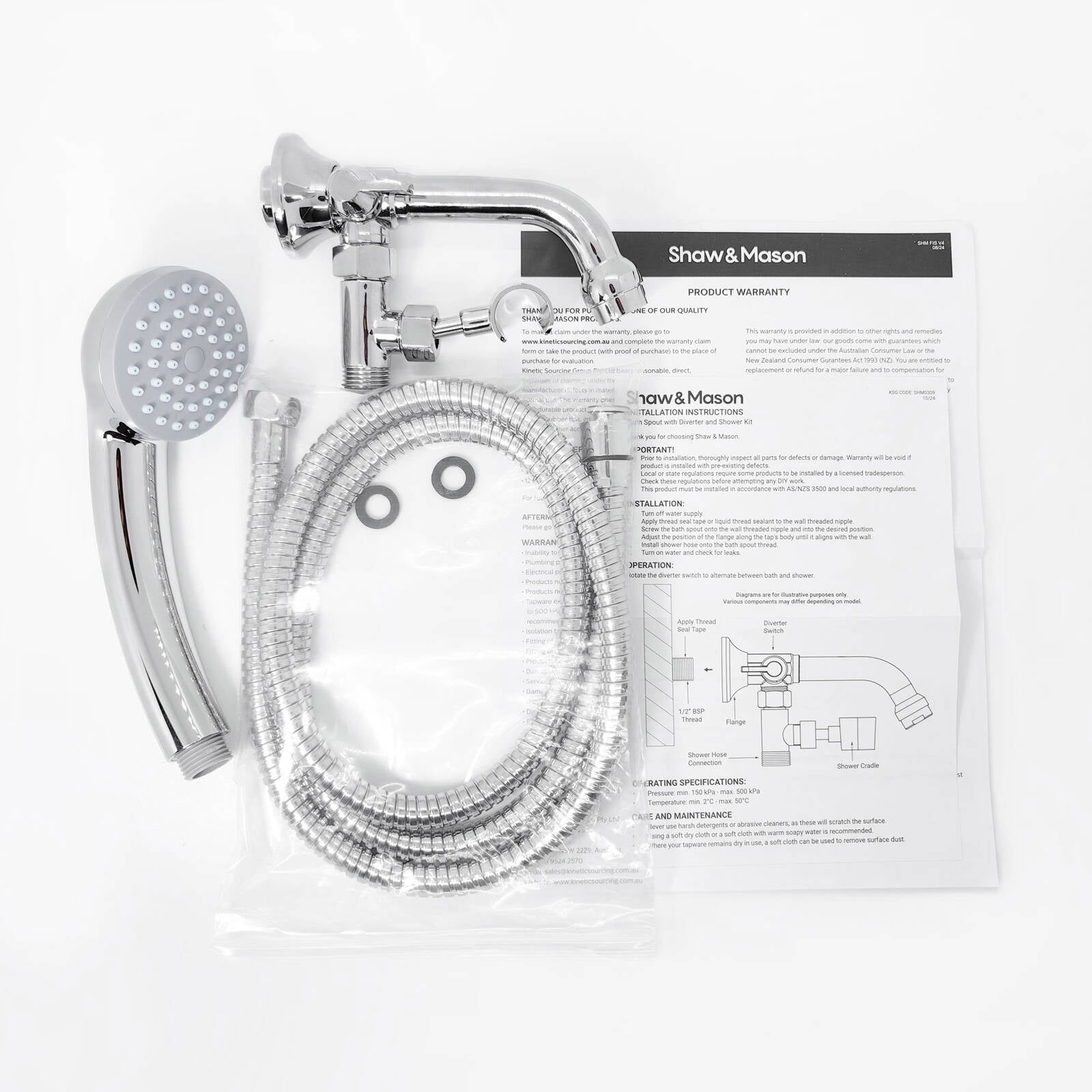 Shaw & Mason Chrome Bath Spout with Diverter and Shower Kit 3 Star WELS 9L/min