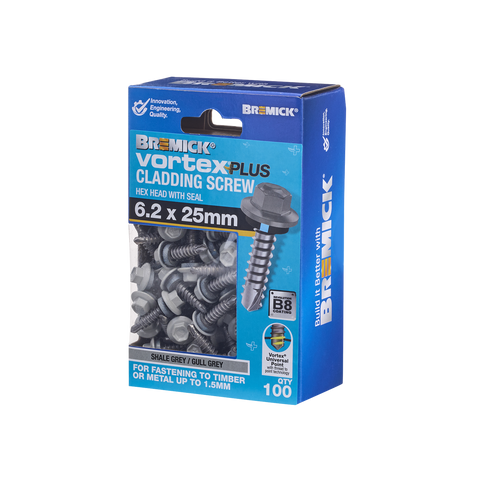 Bremick Vortex Plus Cladding Screw 6.2 x 25mm B8 Shale Grey - 100 Pack - Watertight Seal - SuperSaverAU - view 1