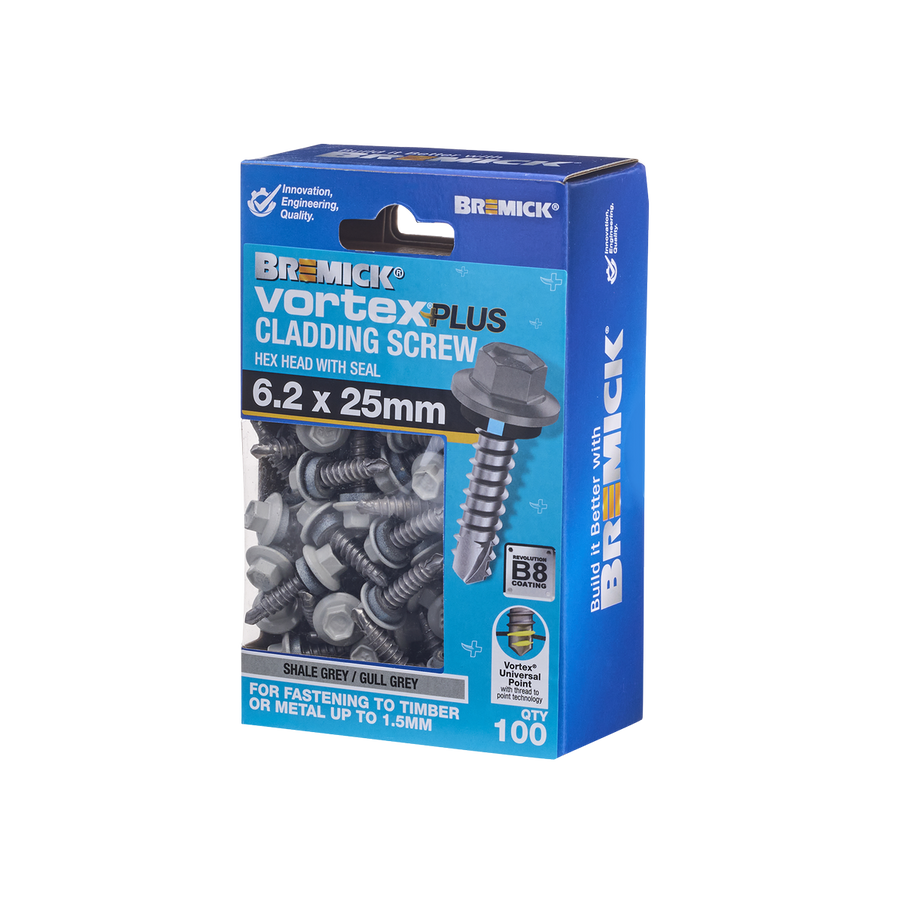 Bremick Vortex Plus Cladding Screw 6.2 x 25mm B8 Shale Grey - 100 Pack - Watertight Seal - SuperSaverAU - view 1