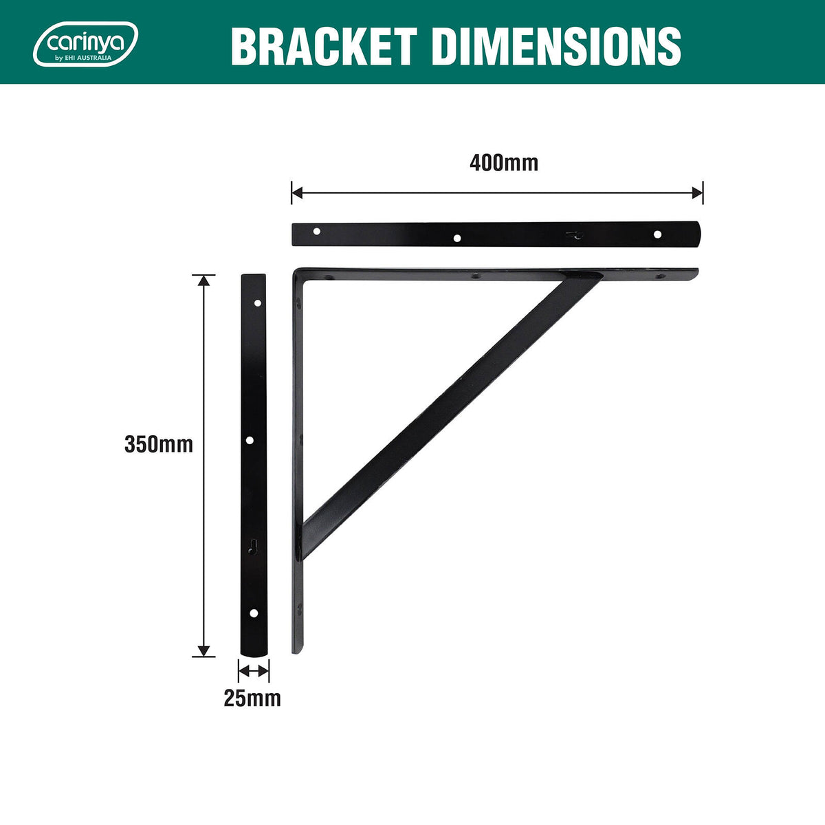 Carinya 400 x 350mm Black Straight Stayed Bracket, Powder Coated Steel, 100kg, Multi-Orientation