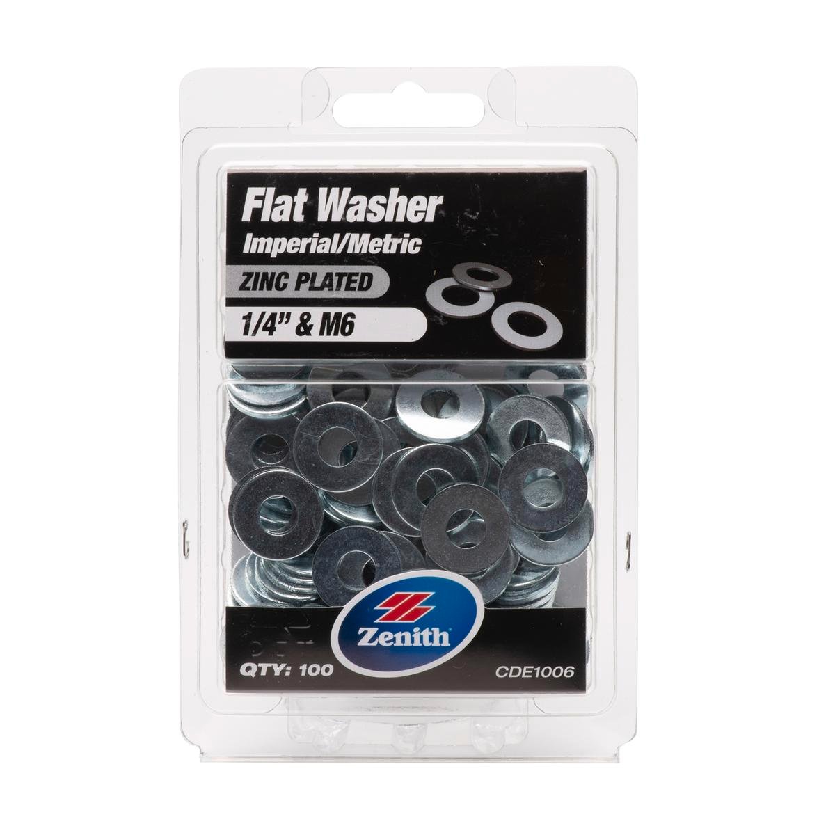 Zenith 1/4" Zinc Plated Flat Washer 100 Pack Steel Load Distribution - SuperSaverAU - view 1