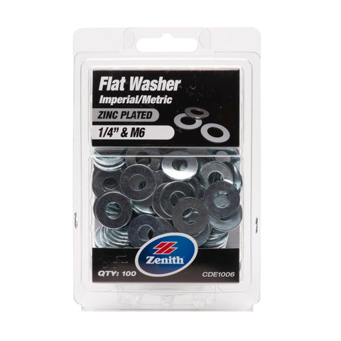 Zenith 1/4" Zinc Plated Flat Washer 100 Pack Steel Load Distribution - SuperSaverAU - view 1
