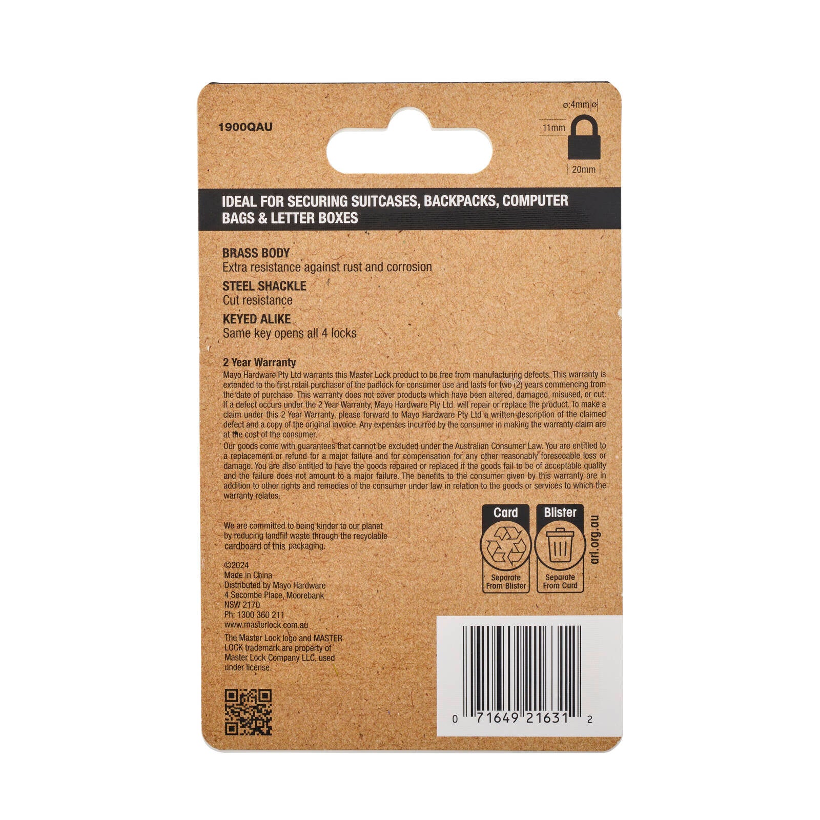 Master Lock 20mm Solid Brass Keyed Padlock, 4 Pack Keyed Alike, Steel Shackle
