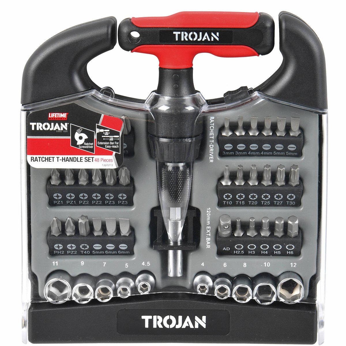 Trojan 48 Piece T Handle Ratchet Set - Adjustable Extension Bar 40-120mm - SuperSaverAU - view 1