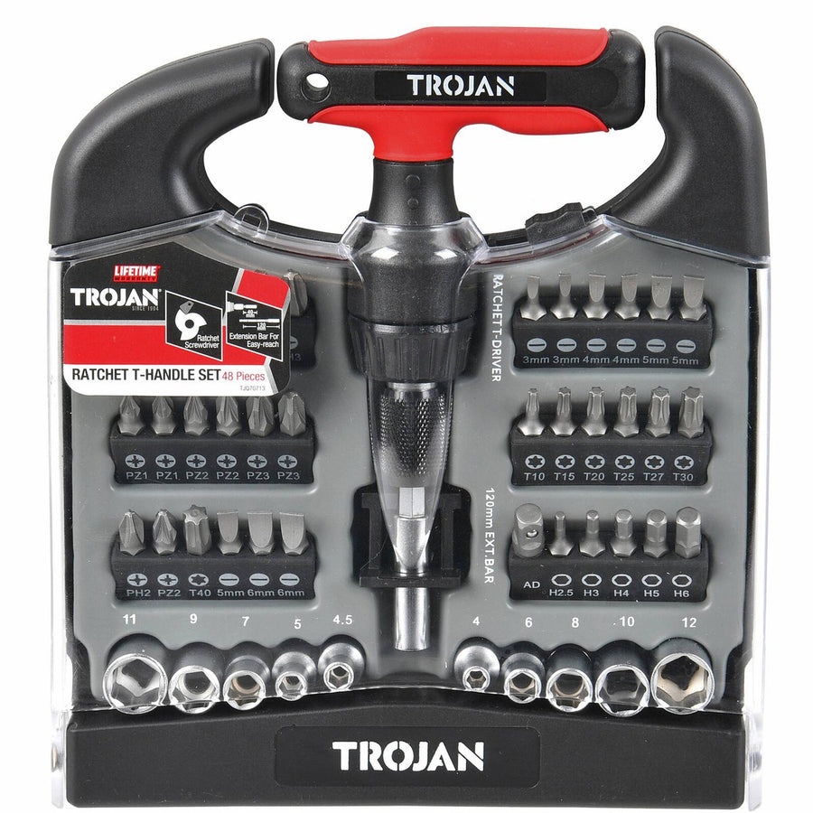 Trojan 48 Piece T Handle Ratchet Set - Adjustable Extension Bar 40-120mm - SuperSaverAU - view 1