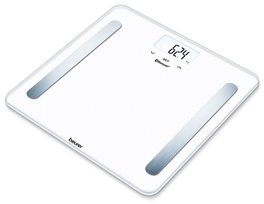 Beurer Bluetooth Glass Body Fat Scale - White - 180kg Capacity, 8 Users, HealthManager App - BF600W