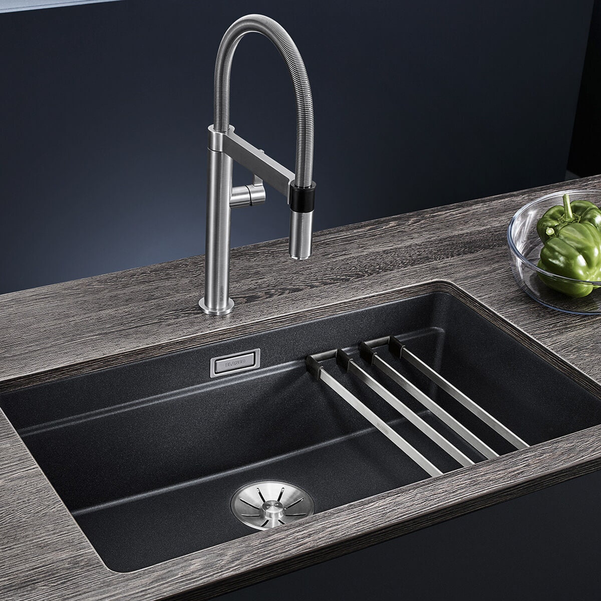 Blanco Etagon 700-U single bowl undermount sink - SILGRANIT black, Etagon rails, InFino drain - 528005