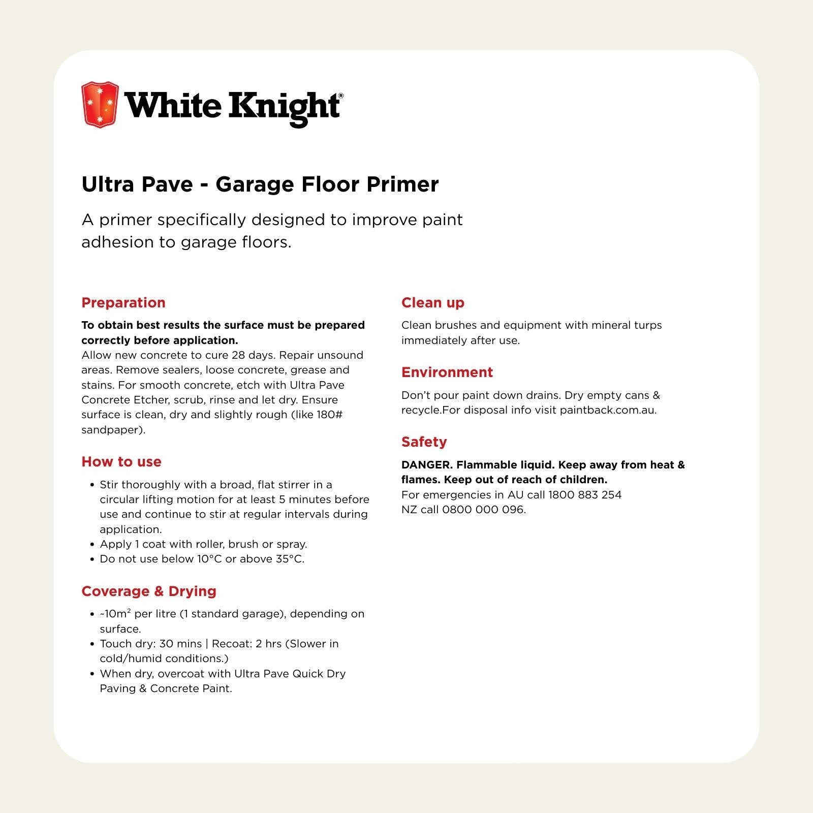 White Knight Ultra Pave 2L Garage Floor Primer - Water Based, for Concrete Floors & Driveways