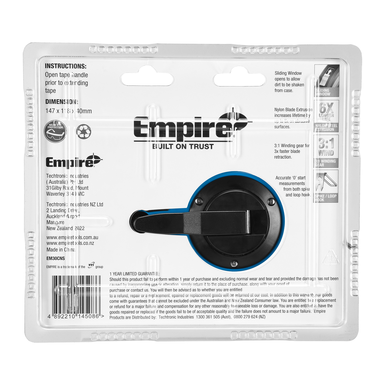 Empire 30m Closed Case Long Steel Tape Measure, Belt Clip, Metric Graduations