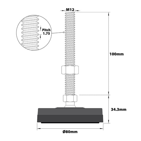 Easyroll 80mm Round Adjustable Foot With 100mm M12 Bolt