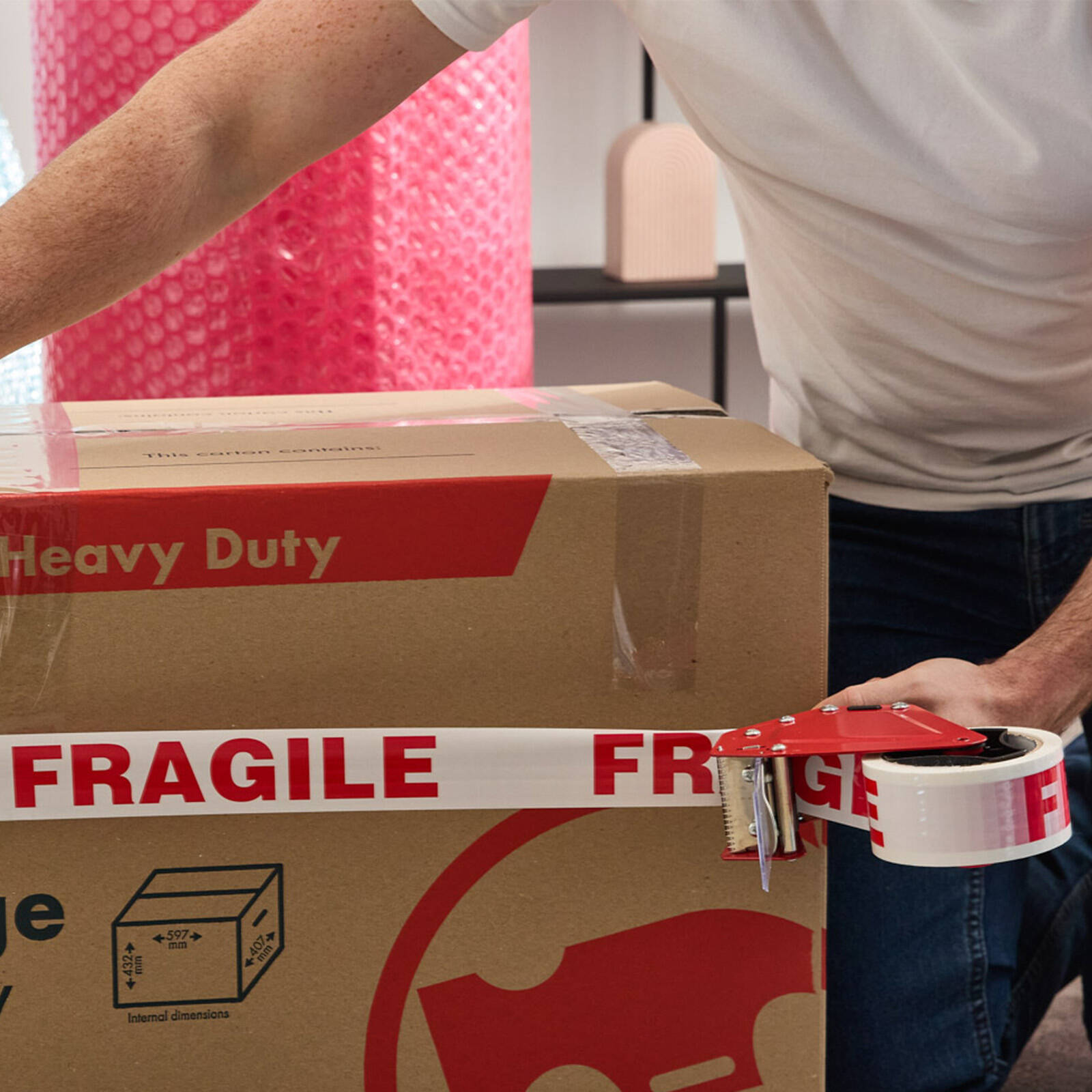 Wrap & Move Fragile Warning Tape - 48mm x 66m White/Red BOPP Packing Tape