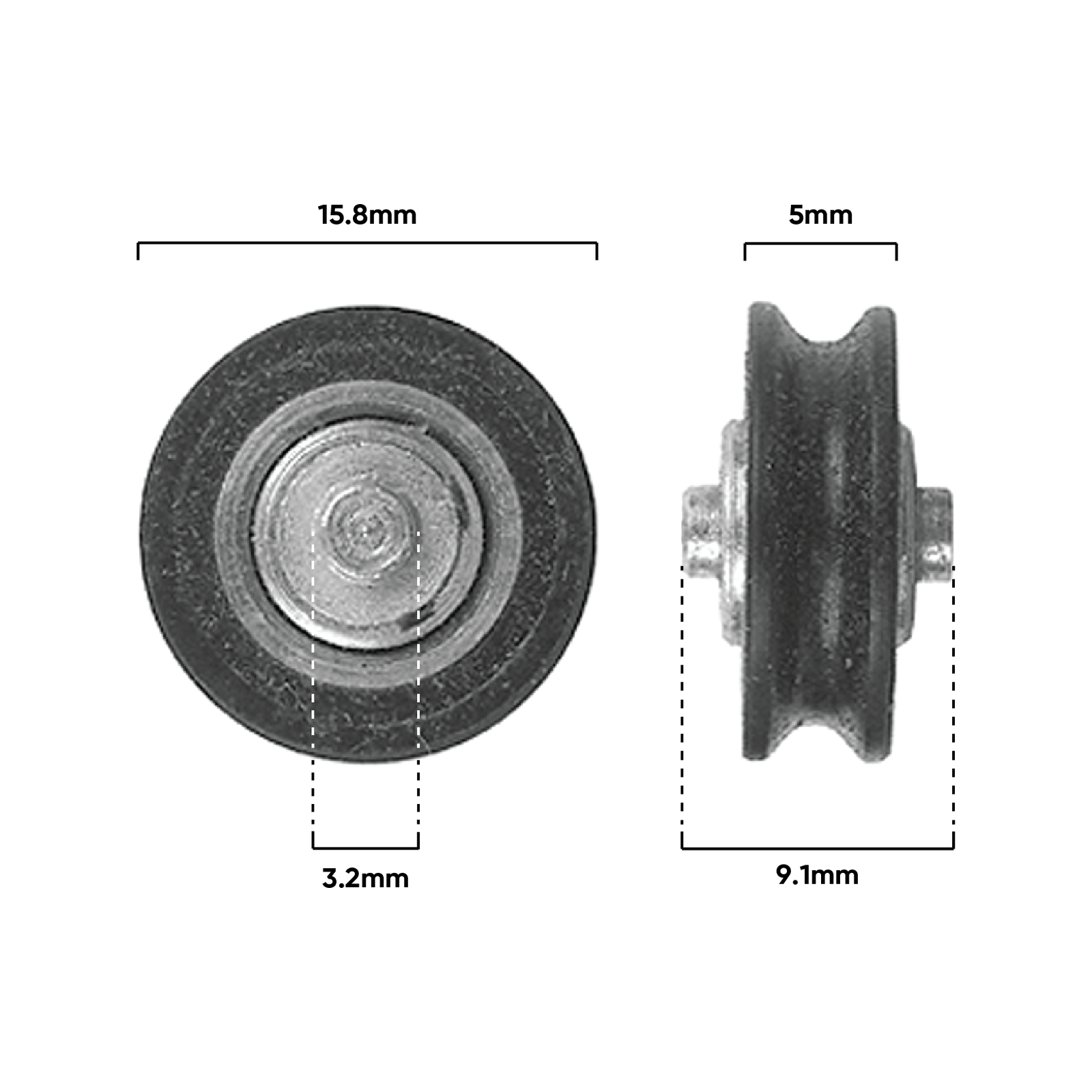 Rolltrak 16mm Black Nylon Concave Roller - Sliding Window