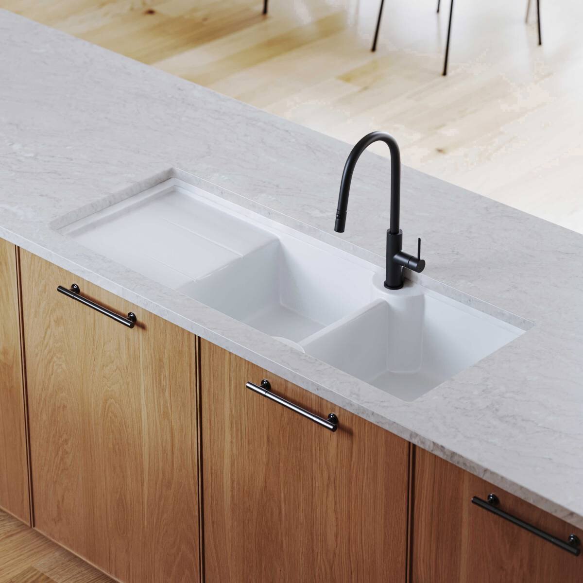 Turner Hastings Cuisine Double Bowl Fireclay Sink - Left Hand Drainer, Gloss White - CUD116FS-LHD