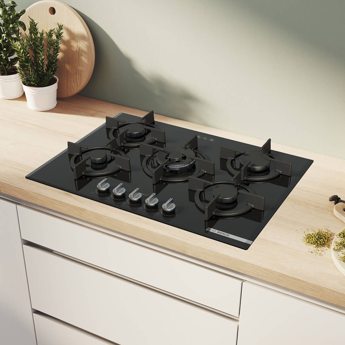 Bosch 75cm Series 6 Natural Gas Cooktop - Black Tempered Glass, Five Burners, FlameSelect - PPQ7A6I10A
