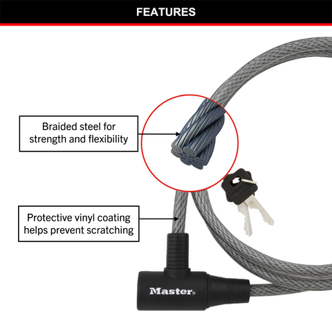 Master Lock 10mm x 1.8m Keyed Cable Lock, Vinyl-Coated Braided Steel