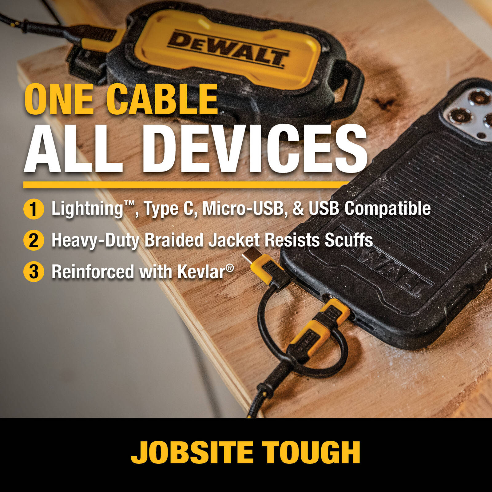 DeWALT 1.8m 3-in-1 Lightning, Type C & Micro-USB Kevlar Charging Cable