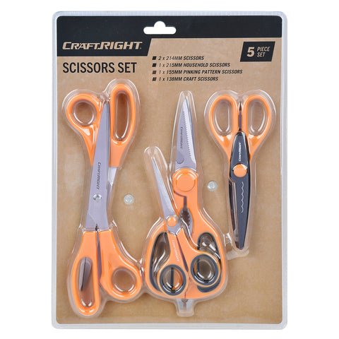 Craftright 5 Piece Scissors Set - Steel Blades, Comfort Grip Handles