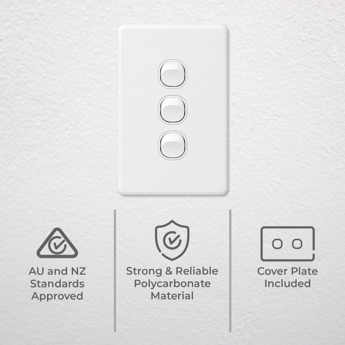 Deta X6 White Triple Vertical Switch - 3 Gang - Polycarbonate - Durable - SuperSaverAU - view 2