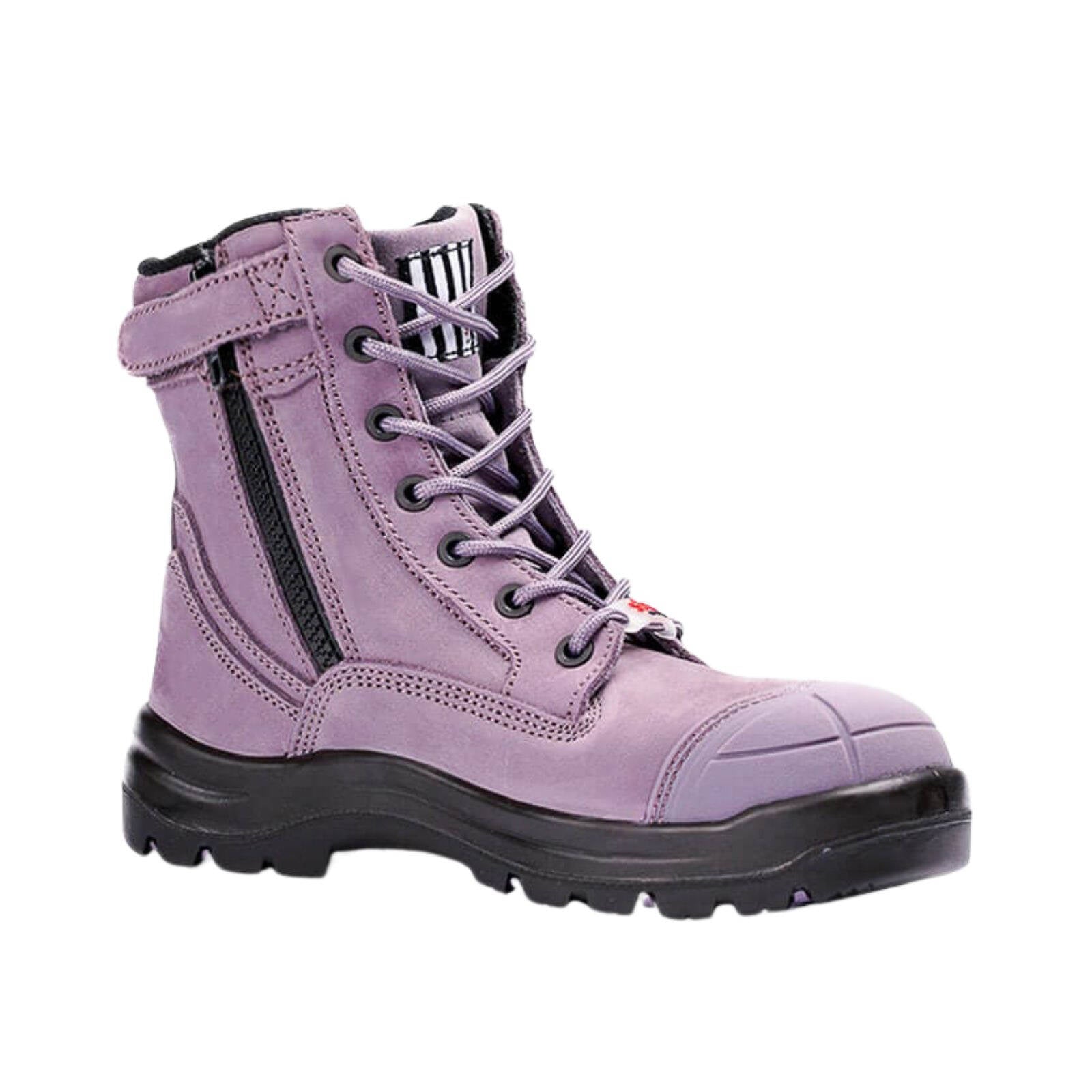 she wear Achieves Womens Safety Work Boots Size 6 Purple Nubuck Leather Composite Toe Zip Side Water Resistant
