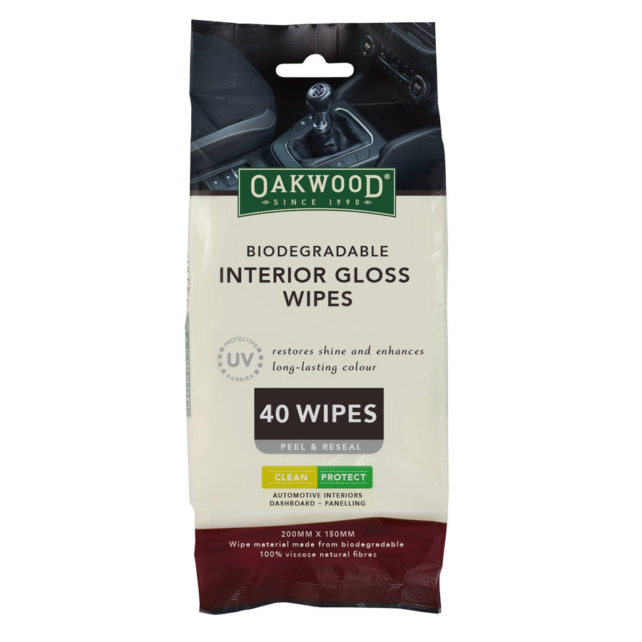 Oakwood 200 x 150mm Biodegradable Interior Gloss Wipe - 40 Pack