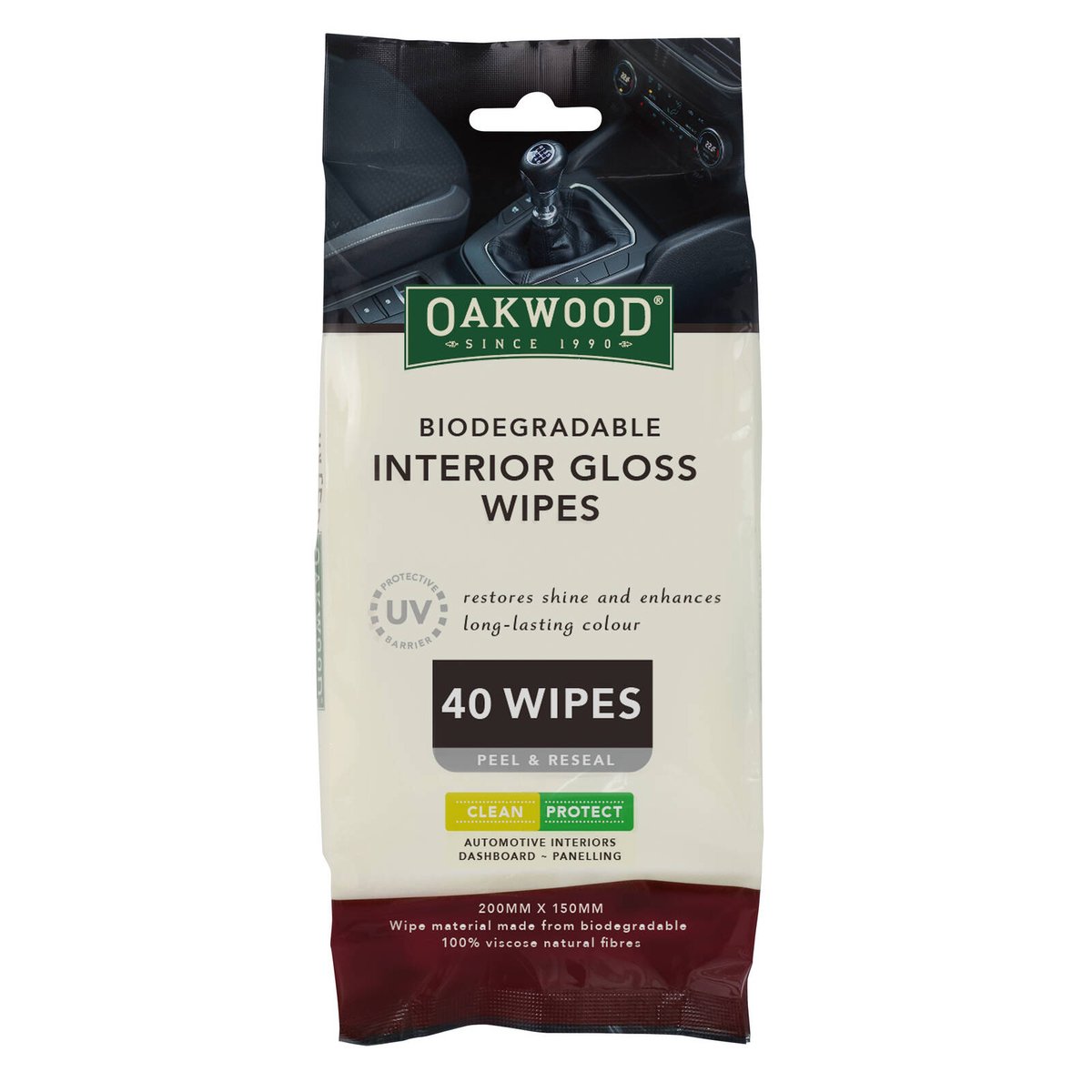 Oakwood Biodegradable Interior Gloss Wipe 40 Pack - 200 x 150mm - Quick-Drying - SuperSaverAU - view 1