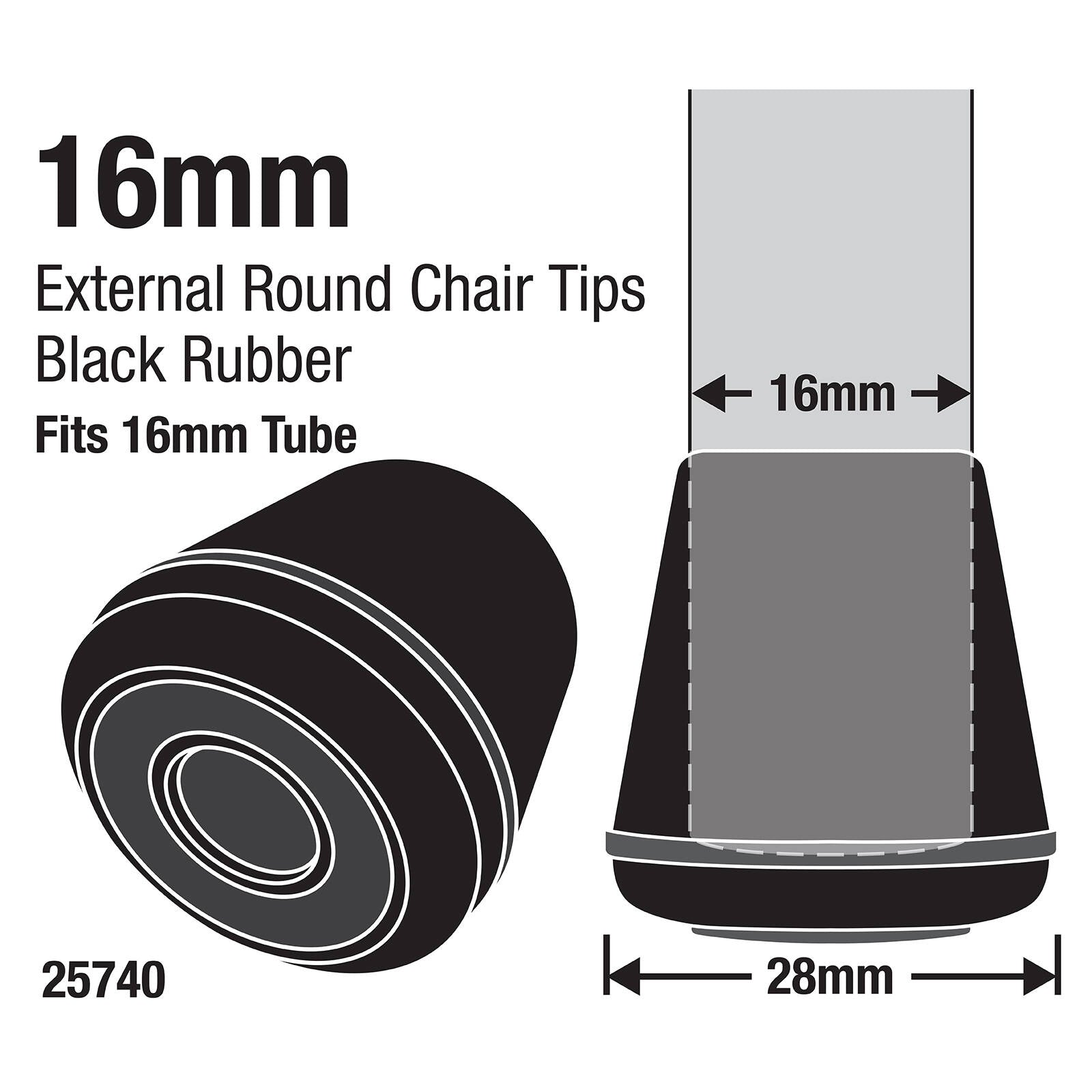 Surface Gard 16mm Black Round External Rubber Chair Tips - 4 Pack