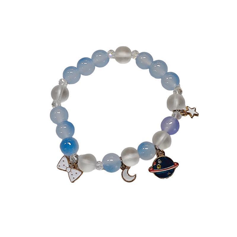 Beaded Charm Bracelet - Blue Beads, Planet Charm